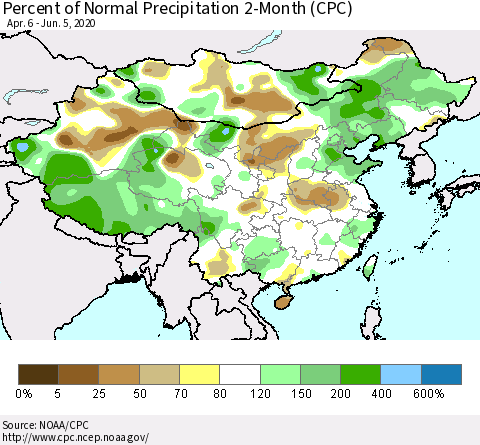 China, Mongolia and Taiwan Percent of Normal Precipitation 2-Month (CPC) Thematic Map For 4/6/2020 - 6/5/2020