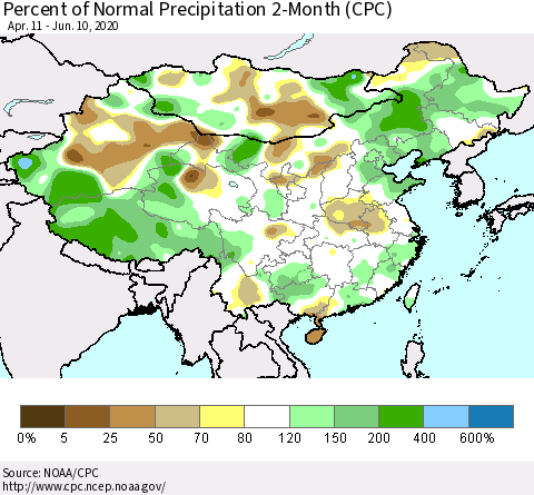 China, Mongolia and Taiwan Percent of Normal Precipitation 2-Month (CPC) Thematic Map For 4/11/2020 - 6/10/2020