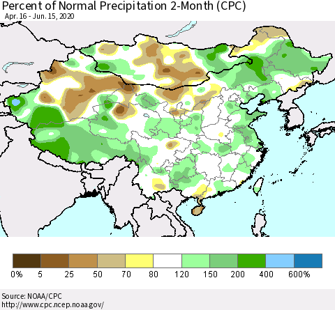 China, Mongolia and Taiwan Percent of Normal Precipitation 2-Month (CPC) Thematic Map For 4/16/2020 - 6/15/2020