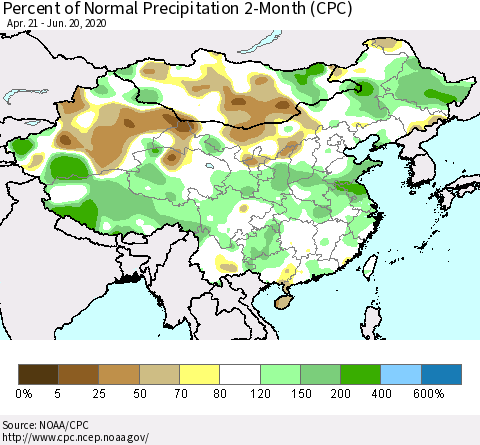 China, Mongolia and Taiwan Percent of Normal Precipitation 2-Month (CPC) Thematic Map For 4/21/2020 - 6/20/2020
