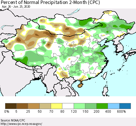 China, Mongolia and Taiwan Percent of Normal Precipitation 2-Month (CPC) Thematic Map For 4/26/2020 - 6/25/2020