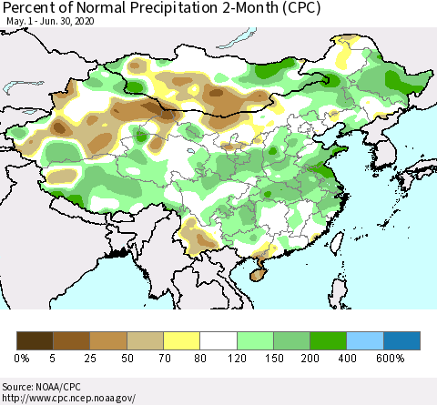 China, Mongolia and Taiwan Percent of Normal Precipitation 2-Month (CPC) Thematic Map For 5/1/2020 - 6/30/2020