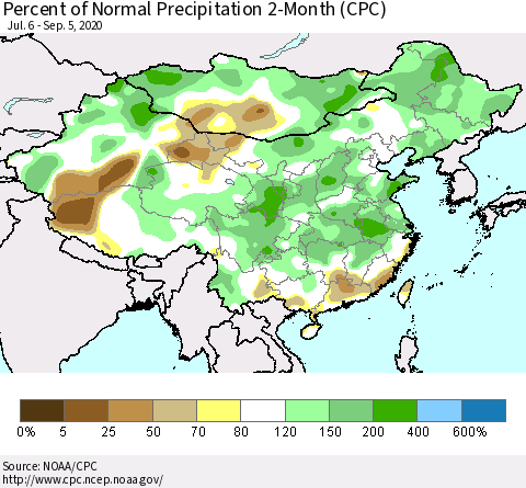 China, Mongolia and Taiwan Percent of Normal Precipitation 2-Month (CPC) Thematic Map For 7/6/2020 - 9/5/2020