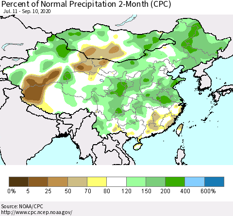 China, Mongolia and Taiwan Percent of Normal Precipitation 2-Month (CPC) Thematic Map For 7/11/2020 - 9/10/2020