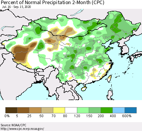 China, Mongolia and Taiwan Percent of Normal Precipitation 2-Month (CPC) Thematic Map For 7/16/2020 - 9/15/2020