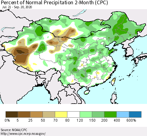 China, Mongolia and Taiwan Percent of Normal Precipitation 2-Month (CPC) Thematic Map For 7/21/2020 - 9/20/2020