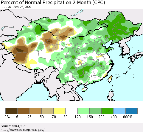 China, Mongolia and Taiwan Percent of Normal Precipitation 2-Month (CPC) Thematic Map For 7/26/2020 - 9/25/2020