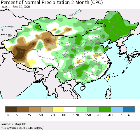 China, Mongolia and Taiwan Percent of Normal Precipitation 2-Month (CPC) Thematic Map For 8/1/2020 - 9/30/2020