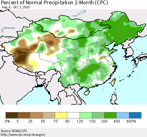 China, Mongolia and Taiwan Percent of Normal Precipitation 2-Month (CPC) Thematic Map For 8/6/2020 - 10/5/2020