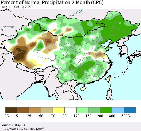 China, Mongolia and Taiwan Percent of Normal Precipitation 2-Month (CPC) Thematic Map For 8/11/2020 - 10/10/2020