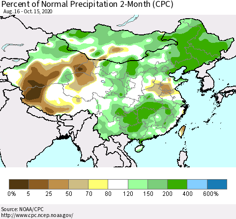 China, Mongolia and Taiwan Percent of Normal Precipitation 2-Month (CPC) Thematic Map For 8/16/2020 - 10/15/2020