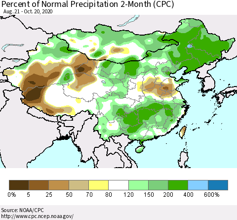 China, Mongolia and Taiwan Percent of Normal Precipitation 2-Month (CPC) Thematic Map For 8/21/2020 - 10/20/2020