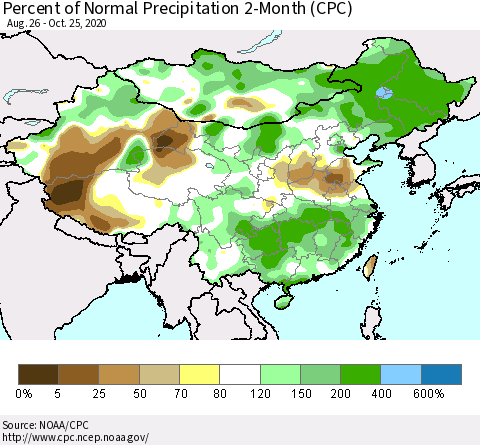 China, Mongolia and Taiwan Percent of Normal Precipitation 2-Month (CPC) Thematic Map For 8/26/2020 - 10/25/2020