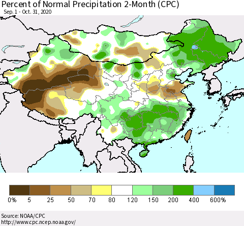 China, Mongolia and Taiwan Percent of Normal Precipitation 2-Month (CPC) Thematic Map For 9/1/2020 - 10/31/2020