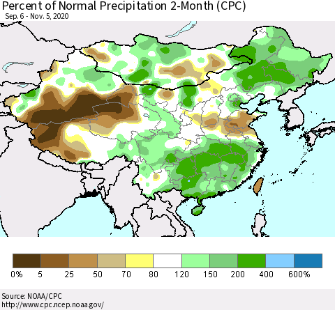 China, Mongolia and Taiwan Percent of Normal Precipitation 2-Month (CPC) Thematic Map For 9/6/2020 - 11/5/2020