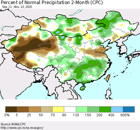 China, Mongolia and Taiwan Percent of Normal Precipitation 2-Month (CPC) Thematic Map For 9/11/2020 - 11/10/2020
