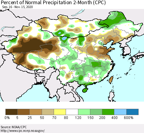 China, Mongolia and Taiwan Percent of Normal Precipitation 2-Month (CPC) Thematic Map For 9/16/2020 - 11/15/2020