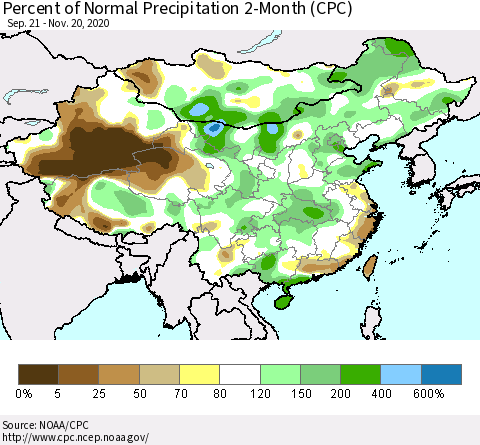 China, Mongolia and Taiwan Percent of Normal Precipitation 2-Month (CPC) Thematic Map For 9/21/2020 - 11/20/2020