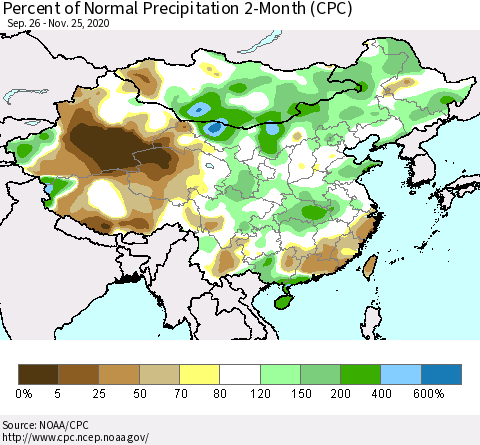 China, Mongolia and Taiwan Percent of Normal Precipitation 2-Month (CPC) Thematic Map For 9/26/2020 - 11/25/2020