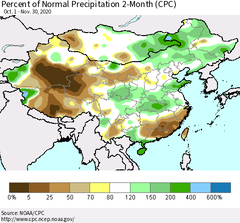 China, Mongolia and Taiwan Percent of Normal Precipitation 2-Month (CPC) Thematic Map For 10/1/2020 - 11/30/2020