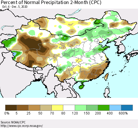 China, Mongolia and Taiwan Percent of Normal Precipitation 2-Month (CPC) Thematic Map For 10/6/2020 - 12/5/2020