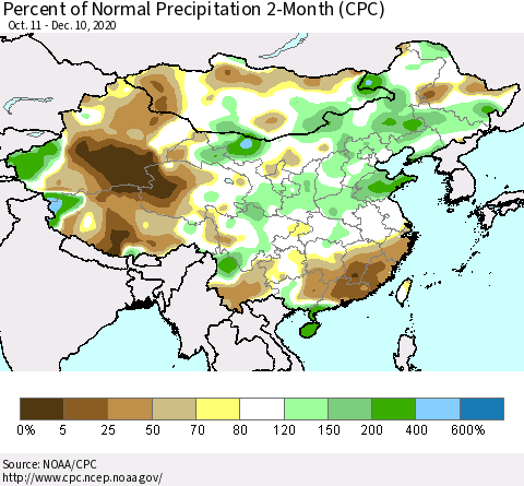 China, Mongolia and Taiwan Percent of Normal Precipitation 2-Month (CPC) Thematic Map For 10/11/2020 - 12/10/2020