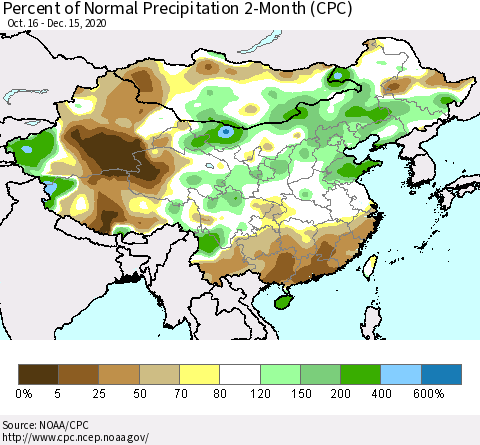 China, Mongolia and Taiwan Percent of Normal Precipitation 2-Month (CPC) Thematic Map For 10/16/2020 - 12/15/2020