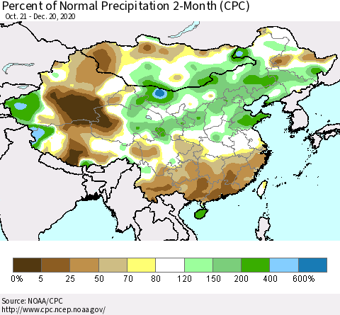China, Mongolia and Taiwan Percent of Normal Precipitation 2-Month (CPC) Thematic Map For 10/21/2020 - 12/20/2020