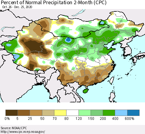 China, Mongolia and Taiwan Percent of Normal Precipitation 2-Month (CPC) Thematic Map For 10/26/2020 - 12/25/2020