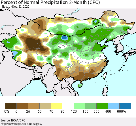 China, Mongolia and Taiwan Percent of Normal Precipitation 2-Month (CPC) Thematic Map For 11/1/2020 - 12/31/2020