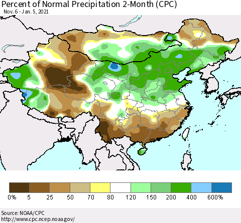 China, Mongolia and Taiwan Percent of Normal Precipitation 2-Month (CPC) Thematic Map For 11/6/2020 - 1/5/2021
