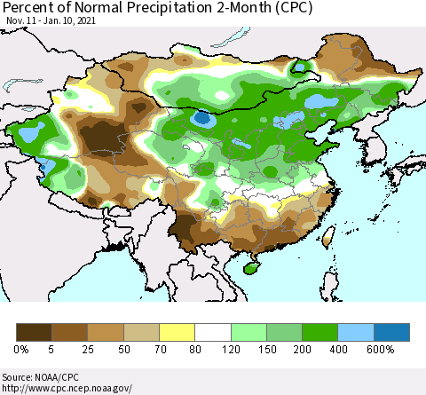 China, Mongolia and Taiwan Percent of Normal Precipitation 2-Month (CPC) Thematic Map For 11/11/2020 - 1/10/2021