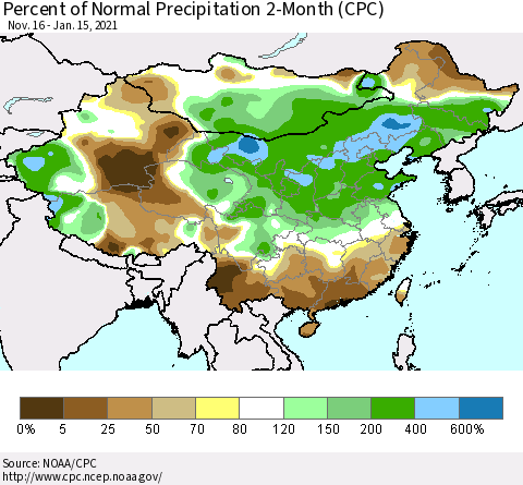 China, Mongolia and Taiwan Percent of Normal Precipitation 2-Month (CPC) Thematic Map For 11/16/2020 - 1/15/2021