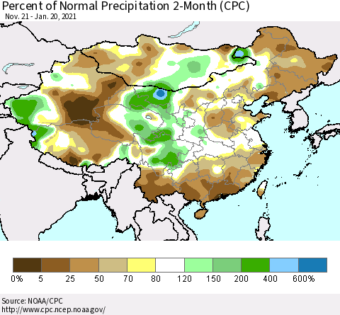 China, Mongolia and Taiwan Percent of Normal Precipitation 2-Month (CPC) Thematic Map For 11/21/2020 - 1/20/2021