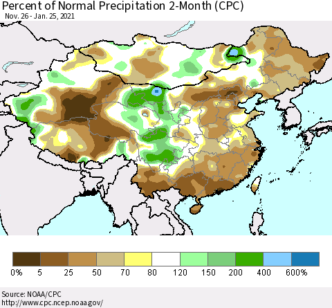 China, Mongolia and Taiwan Percent of Normal Precipitation 2-Month (CPC) Thematic Map For 11/26/2020 - 1/25/2021