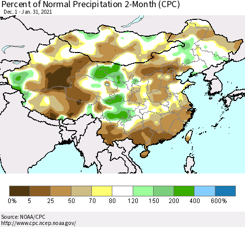 China, Mongolia and Taiwan Percent of Normal Precipitation 2-Month (CPC) Thematic Map For 12/1/2020 - 1/31/2021