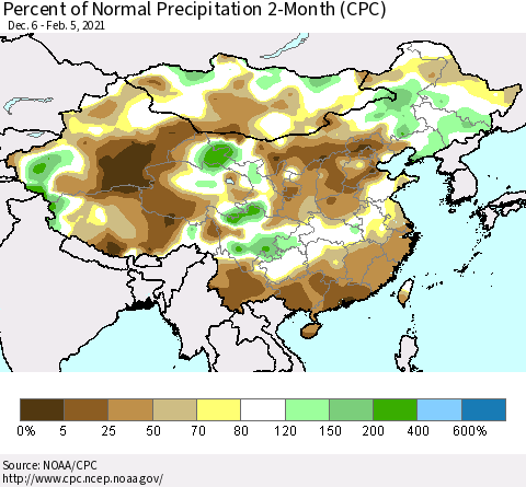 China, Mongolia and Taiwan Percent of Normal Precipitation 2-Month (CPC) Thematic Map For 12/6/2020 - 2/5/2021