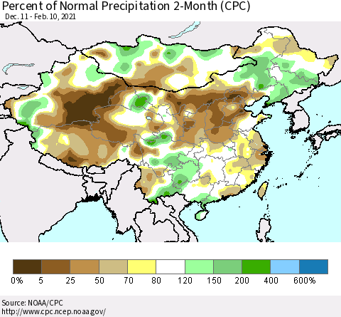 China, Mongolia and Taiwan Percent of Normal Precipitation 2-Month (CPC) Thematic Map For 12/11/2020 - 2/10/2021