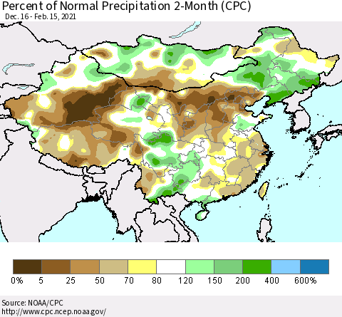 China, Mongolia and Taiwan Percent of Normal Precipitation 2-Month (CPC) Thematic Map For 12/16/2020 - 2/15/2021