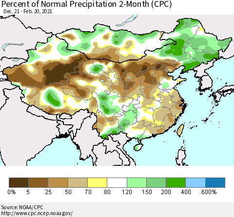 China, Mongolia and Taiwan Percent of Normal Precipitation 2-Month (CPC) Thematic Map For 12/21/2020 - 2/20/2021