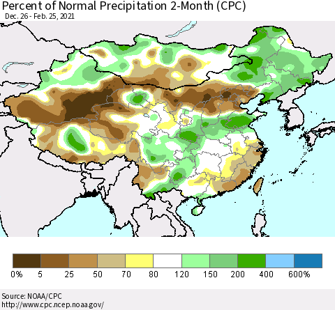 China, Mongolia and Taiwan Percent of Normal Precipitation 2-Month (CPC) Thematic Map For 12/26/2020 - 2/25/2021