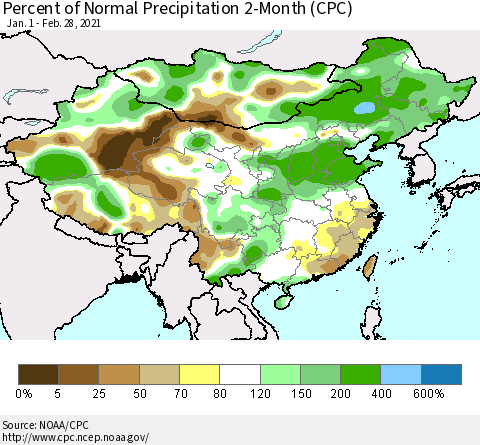 China, Mongolia and Taiwan Percent of Normal Precipitation 2-Month (CPC) Thematic Map For 1/1/2021 - 2/28/2021
