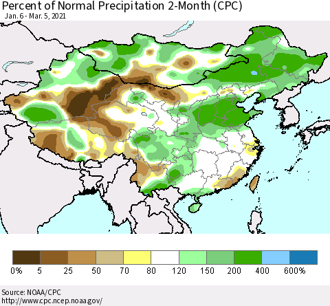 China, Mongolia and Taiwan Percent of Normal Precipitation 2-Month (CPC) Thematic Map For 1/6/2021 - 3/5/2021