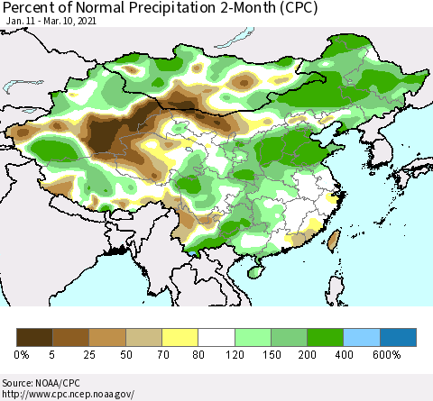 China, Mongolia and Taiwan Percent of Normal Precipitation 2-Month (CPC) Thematic Map For 1/11/2021 - 3/10/2021