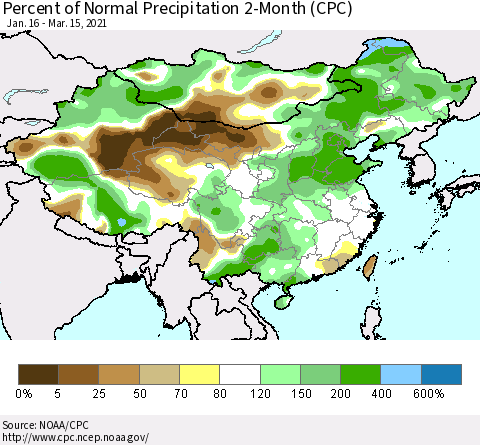 China, Mongolia and Taiwan Percent of Normal Precipitation 2-Month (CPC) Thematic Map For 1/16/2021 - 3/15/2021