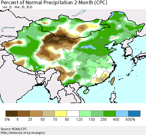 China, Mongolia and Taiwan Percent of Normal Precipitation 2-Month (CPC) Thematic Map For 1/21/2021 - 3/20/2021