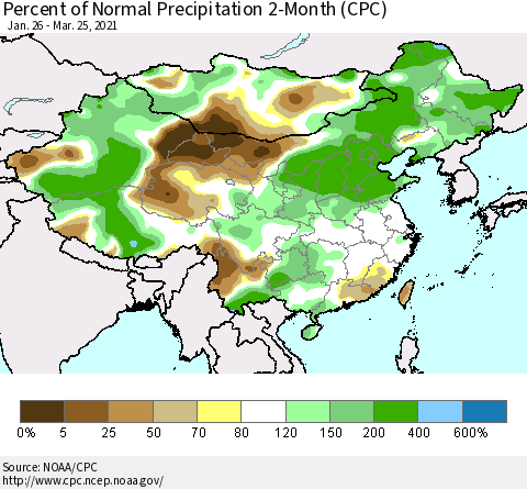 China, Mongolia and Taiwan Percent of Normal Precipitation 2-Month (CPC) Thematic Map For 1/26/2021 - 3/25/2021