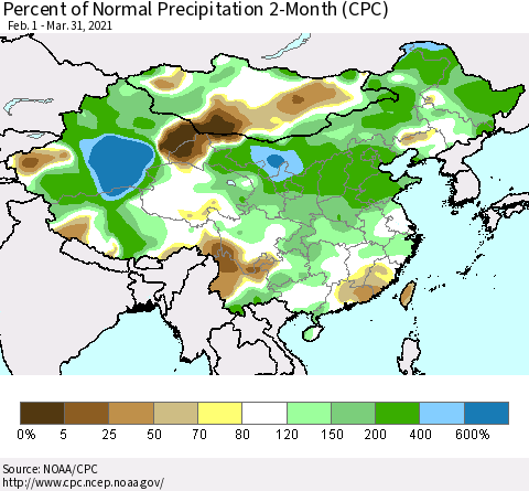 China, Mongolia and Taiwan Percent of Normal Precipitation 2-Month (CPC) Thematic Map For 2/1/2021 - 3/31/2021