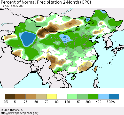 China, Mongolia and Taiwan Percent of Normal Precipitation 2-Month (CPC) Thematic Map For 2/6/2021 - 4/5/2021