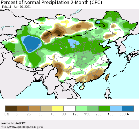 China, Mongolia and Taiwan Percent of Normal Precipitation 2-Month (CPC) Thematic Map For 2/11/2021 - 4/10/2021
